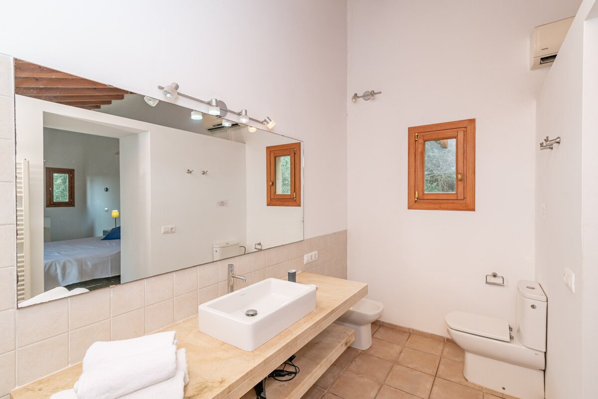 A bathroom with a sink and toilet and a large mirror