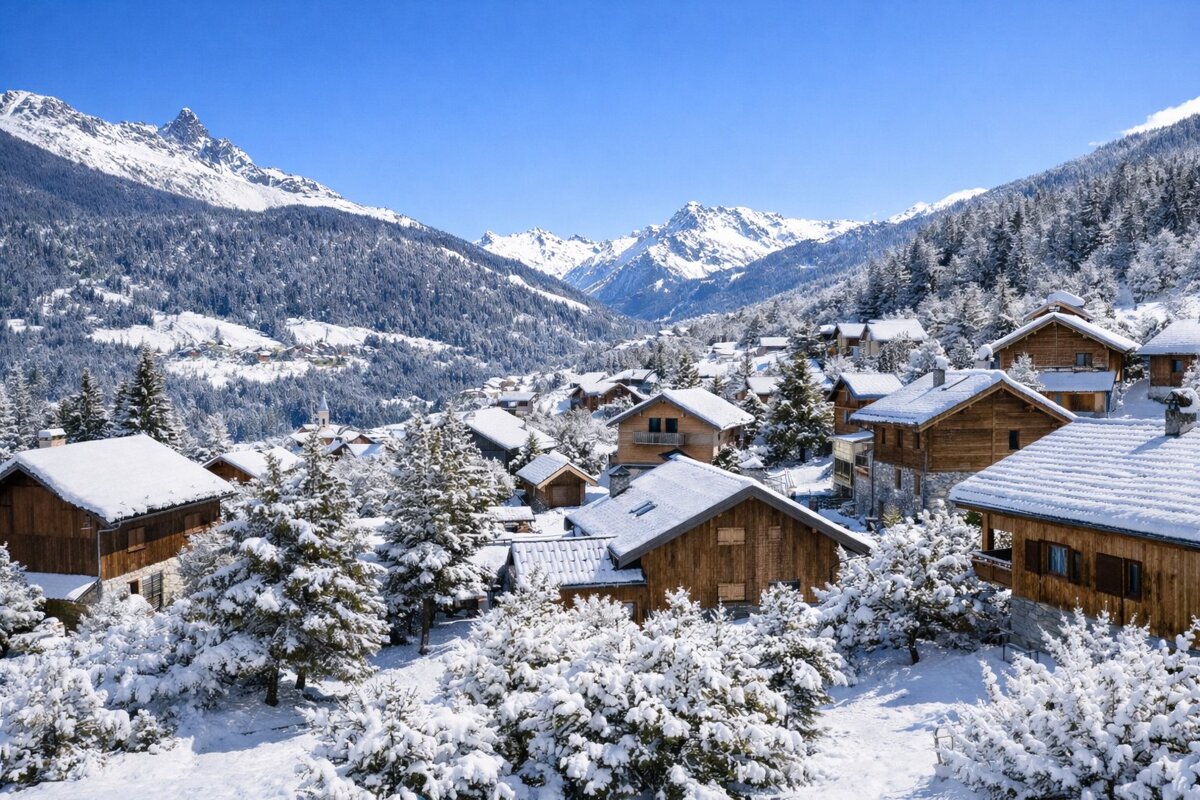 A picturesque snowy mountain village with traditional wooden houses, snow-laden pine trees, and majestic peaks under a clear blue sky.
