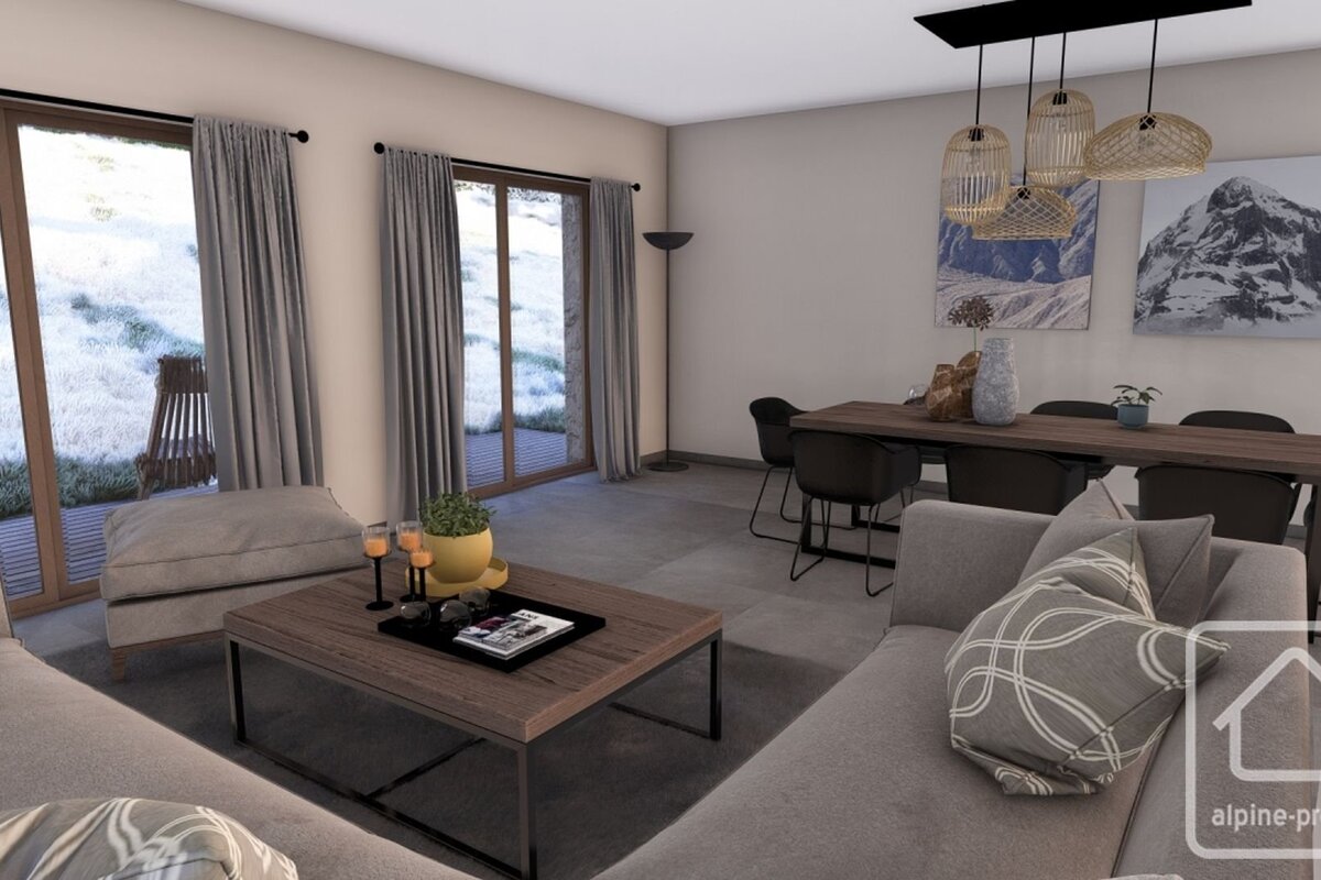 A render of a modern open-plan living and dining room with floor-to-ceiling windows and grey-brown tones.