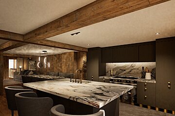 An artist 's impression of a kitchen with a marble counter top