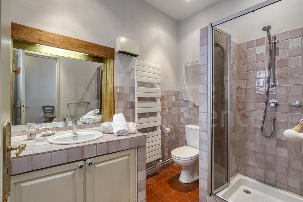 A bathroom with a toilet a sink and a walk in shower