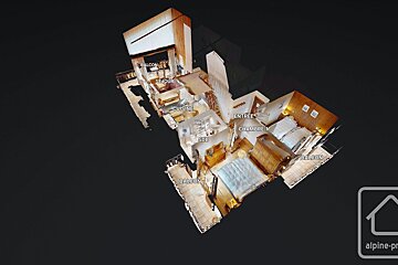A 3D model blueprint of an apartment layout with French labels for rooms and balconies against a black background.
