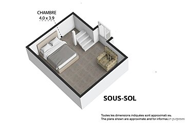 A 3D floor plan view of a "SOUS-SOL" (basement) with a "CHAMBRE" (bedroom 4.0x3.9), stairs leading up, and an armchair.
