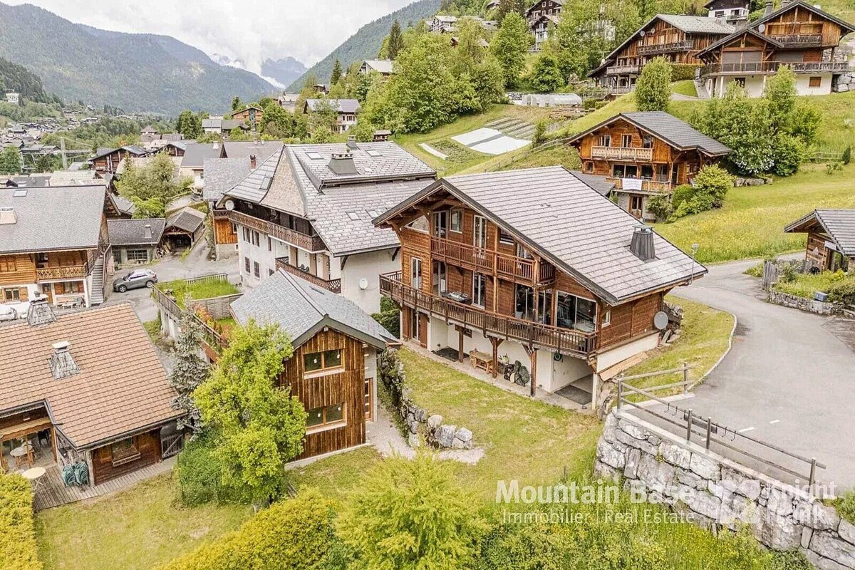 An aerial view of a mountain base real estate property