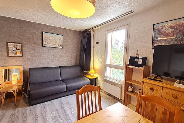 A living room with a couch and a television