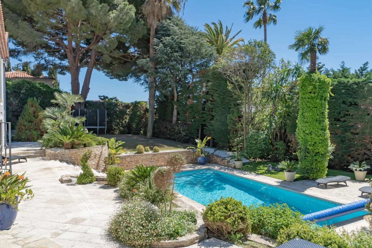 A large swimming pool surrounded by trees and bushes
