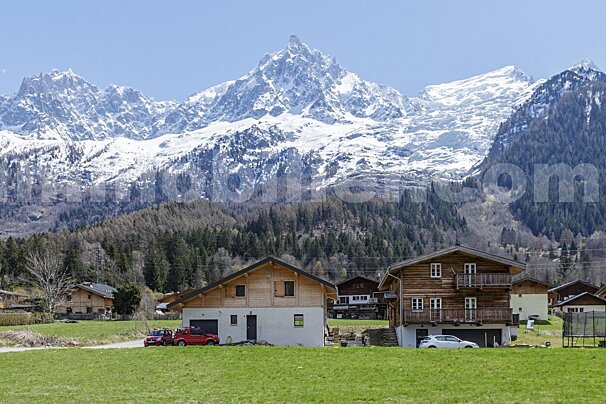 A snowy mountain is behind a row of houses