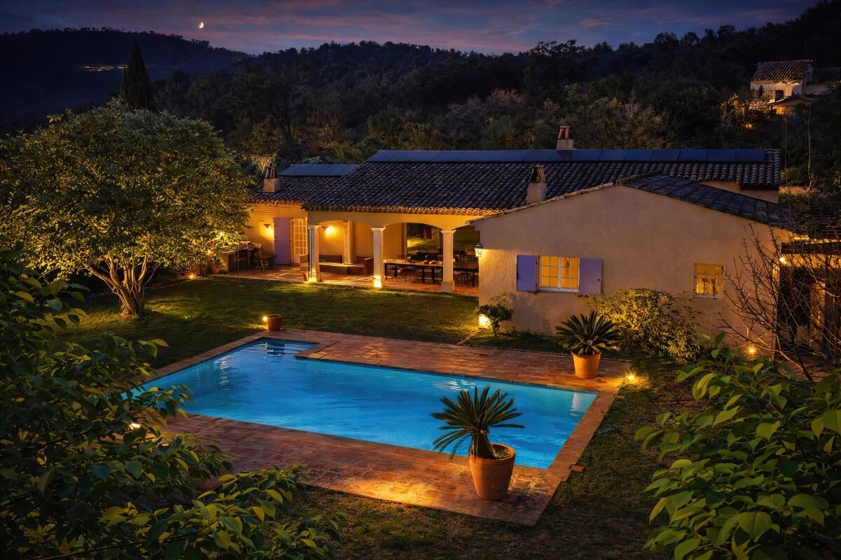 A beautiful villa with a glowing swimming pool is illuminated at night under a crescent moon, surrounded by dark hills and trees.