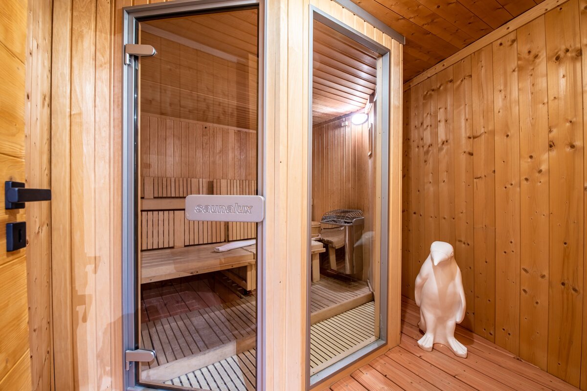 A wooden sauna with a glass door, benches, heater, and 