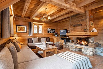 A living room in a log cabin with a fireplace