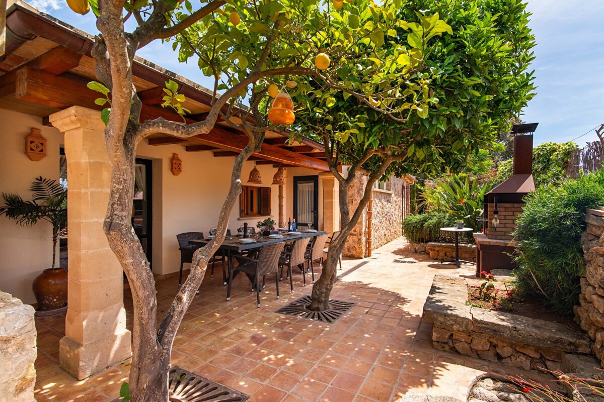 A patio with a table and chairs under a tree