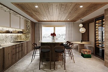 A kitchen with a large island and stools