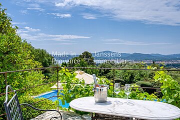 A table with two glasses and a bucket of champagne sits on a balcony overlooking a swimming pool made in provence