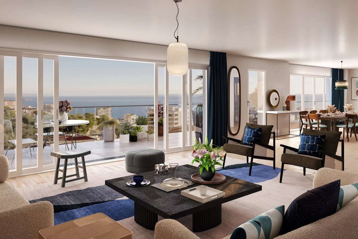 An artist 's impression of a living room with a view of the ocean