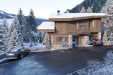 A luxurious wooden and stone chalet with snow-covered roofs, nestled in a winter mountain landscape among frosty trees. Two cars are parked outside.