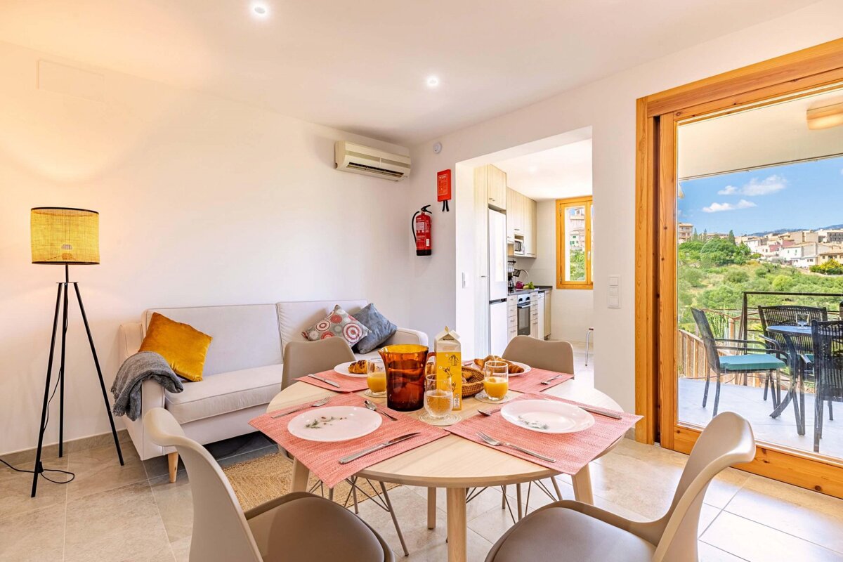 A room with a fire extinguisher on the wall