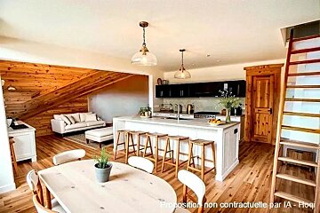 A picture of a kitchen and dining room with the words