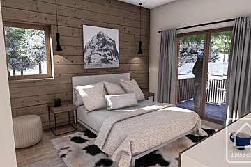 A modern rustic bedroom with wooden walls, a comfy bed, and mountain art. A snowy view is visible from the window and balcony doors.