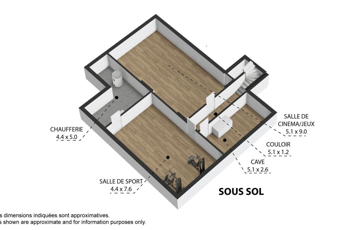 A 3D floor plan of a basement (sous sol) showing a boiler room, gym, cinema/game room, corridor, and cellar, all labeled with dimensions.