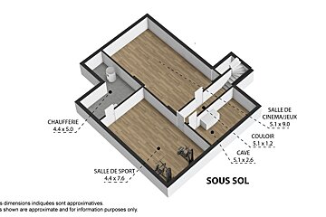 A 3D floor plan of a basement (sous sol) showing a boiler room, gym, cinema/game room, corridor, and cellar, all labeled with dimensions.