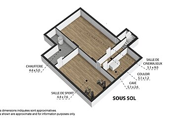 3D isometric floor plan of a basement (