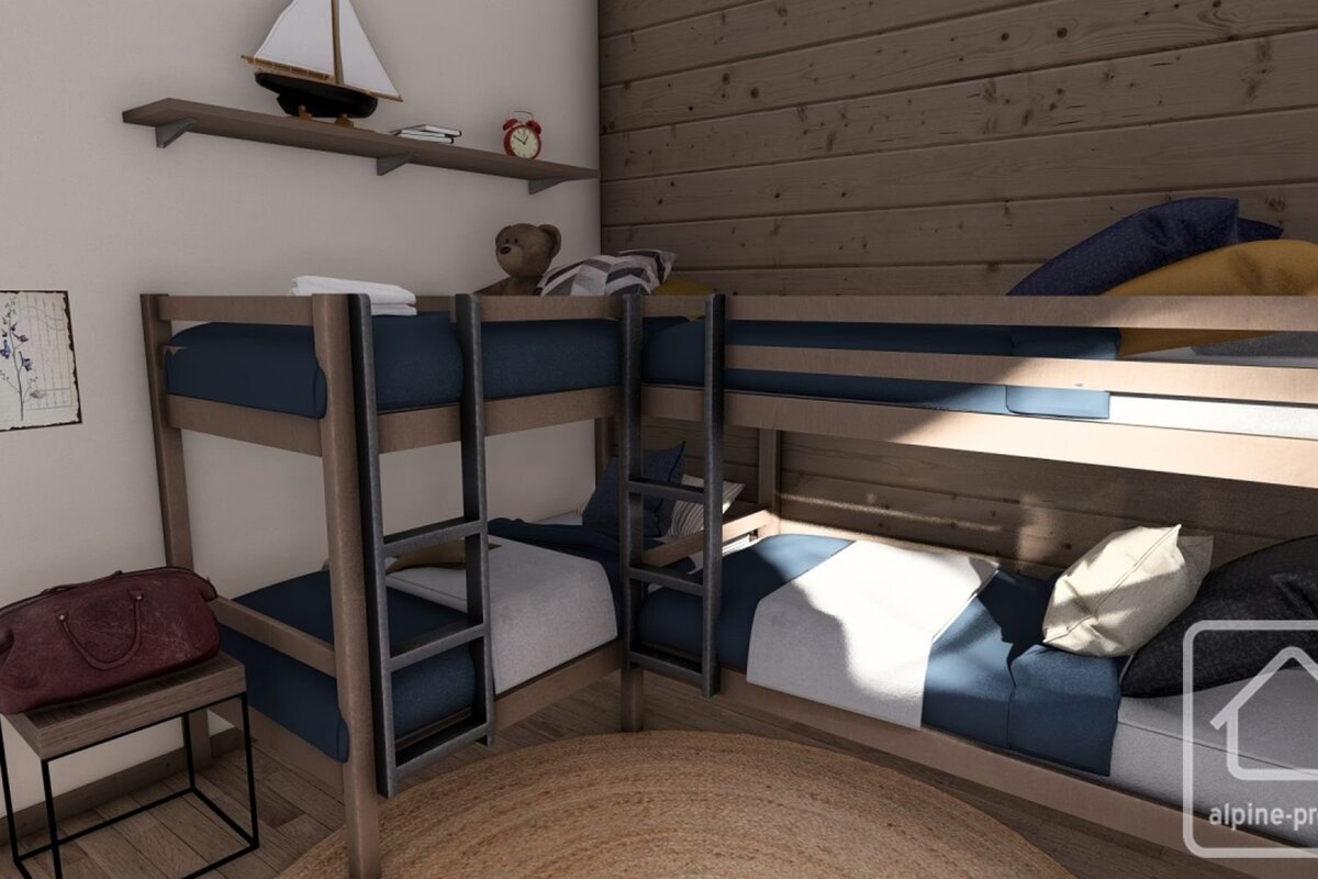 An L-shaped wooden bunk bed setup in a cozy room with wood paneling, navy bedding, a round rug, and a wall shelf.