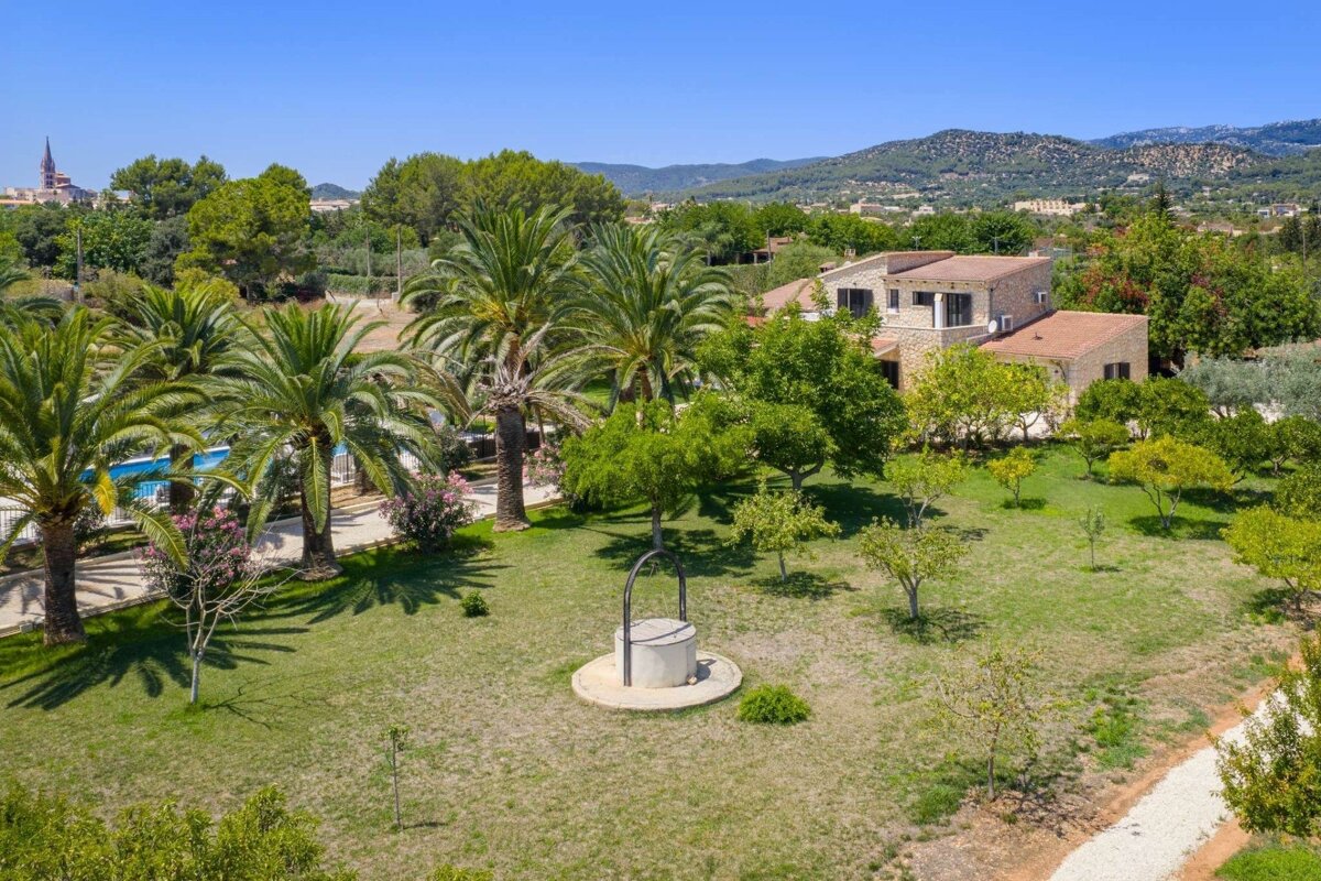 An expansive estate features a stone house, lush green lawns, palm trees, a swimming pool, and a well, set against a backdrop of mountains under a clear sky.