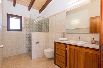 A bathroom with a toilet a sink and a walk in shower