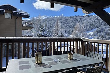 A sunny balcony overlooks a stunning snow-covered mountain landscape with dense pine forests and ski slopes. A table with lanterns sits on the snowy balcony.