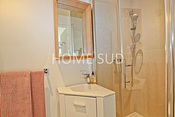 A bathroom with a sink and a shower that says home sud