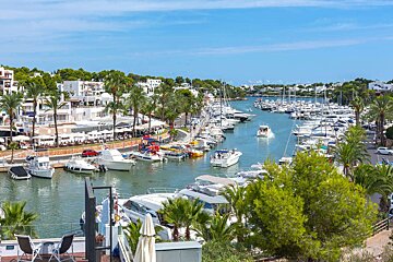 A sunny harbor scene with numerous yachts and boats, flanked by white buildings, palm trees, and bustling waterfront restaurants.