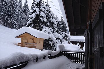 A cozy wooden cabin and snow-laden pine trees are seen from a snowy balcony, depicting a serene winter landscape.