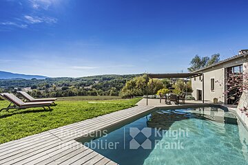 A swimming pool with a knight frank logo on it