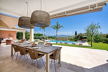 A table and chairs on a patio with a sign that says made in provence