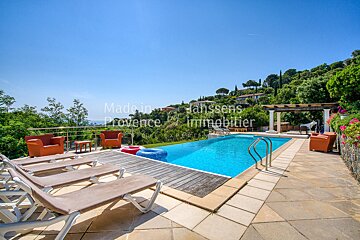 A swimming pool is surrounded by lounge chairs and a sign that says made in provence