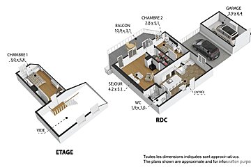 A 3D floor plan showing a two-story house with a garage, balcony, living room, bedrooms, and WC, with dimensions for each area.