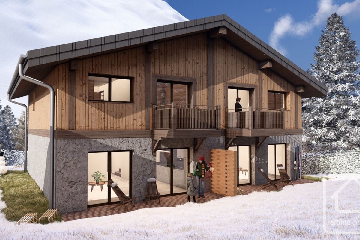 A rendering of a two-story alpine chalet in winter with a wooden upper level and stone ground floor.