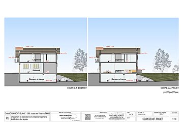 A drawing of a house showing the coupe a-a existant and coupe a-a projet