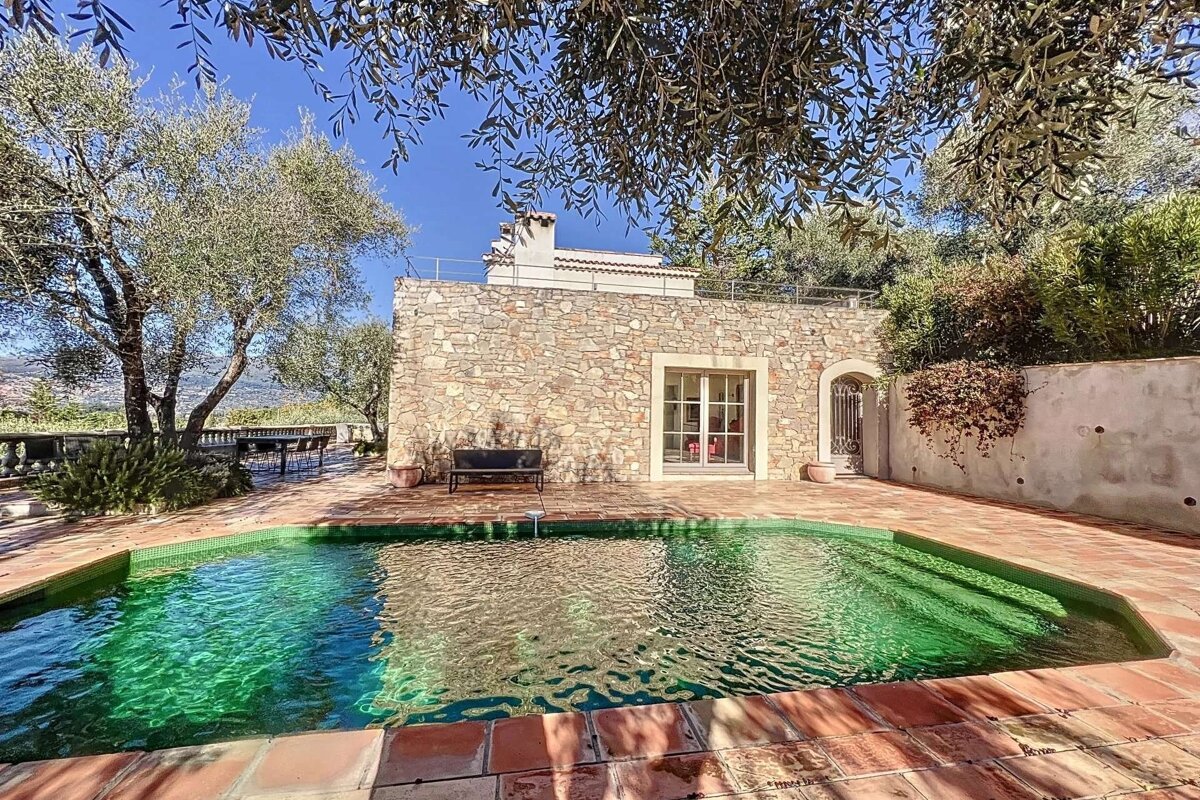 A sunny stone villa with a sparkling green swimming pool, framed by olive trees and a terracotta patio, under a clear blue sky.