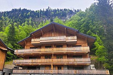 A large wooden house in the middle of a forest