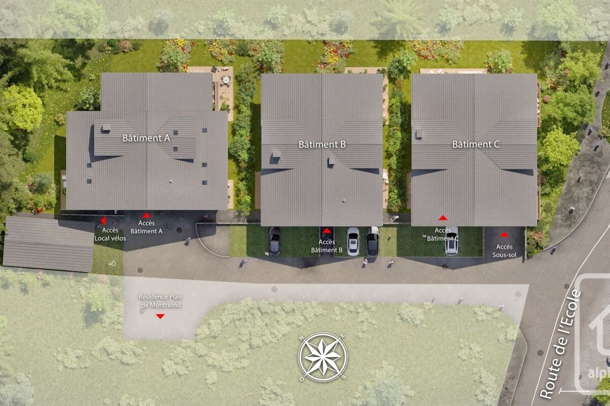 An aerial map showing three residential buildings labeled A, B, and C with access points and nearby roads.