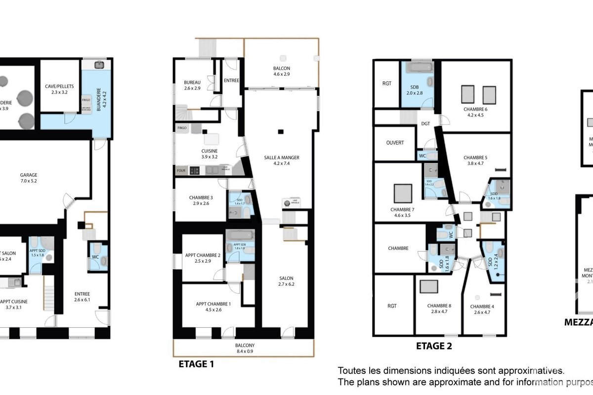 Three architectural floor plans for a building, showing different levels with rooms labeled in French and their dimensions.
