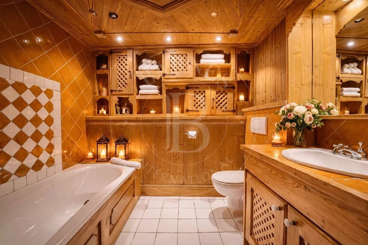 A warm, rustic wooden bathroom with a tub, sink, and toilet, featuring orange-tiled walls, cozy candlelight, and chalet-style decor.