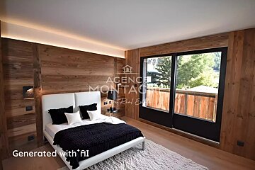 A modern bedroom with warm wooden walls, a white bed with black and white bedding, and a large sliding door opening to a balcony with a view of trees.