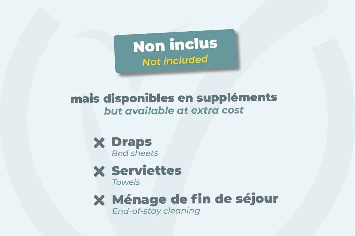 Bilingual image listing items "not included but available at extra cost": bed sheets, towels, and end-of-stay cleaning.