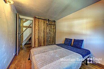 A bedroom with a bed and a sign that says mountain base real estate