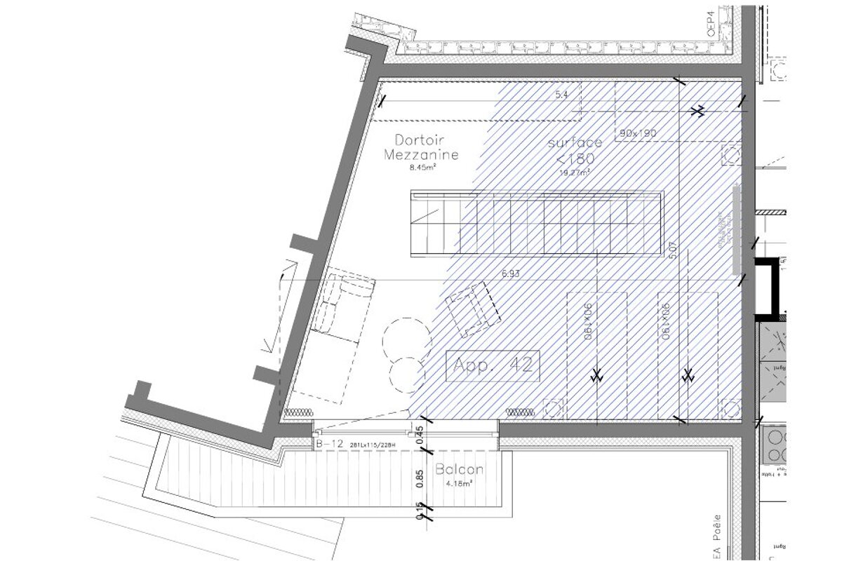 Architectural floor plan for Apartment 42, detailing a mezzanine dormitory, living space, and balcony with dimensions and areas.