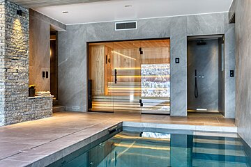 A swimming pool with a sauna in the background