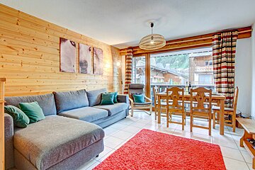A living room with a grey couch and a red rug