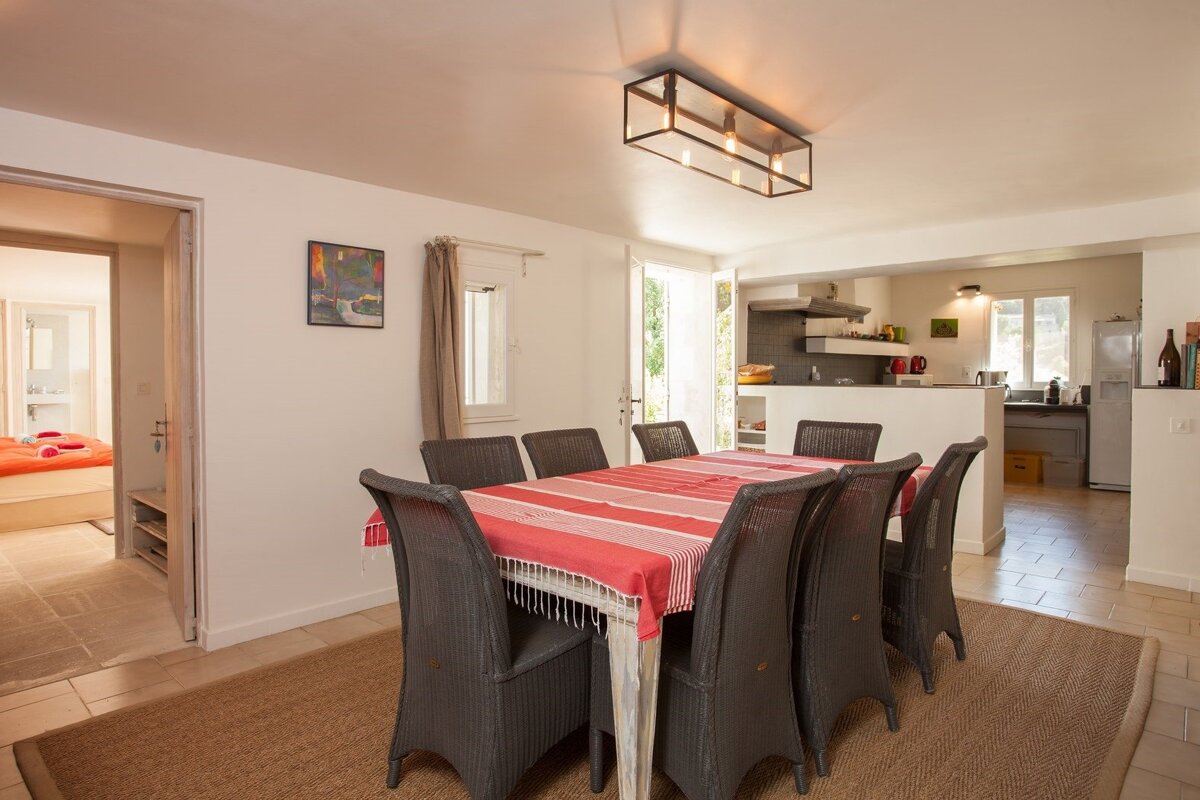 A dining room table with a red and white table cloth